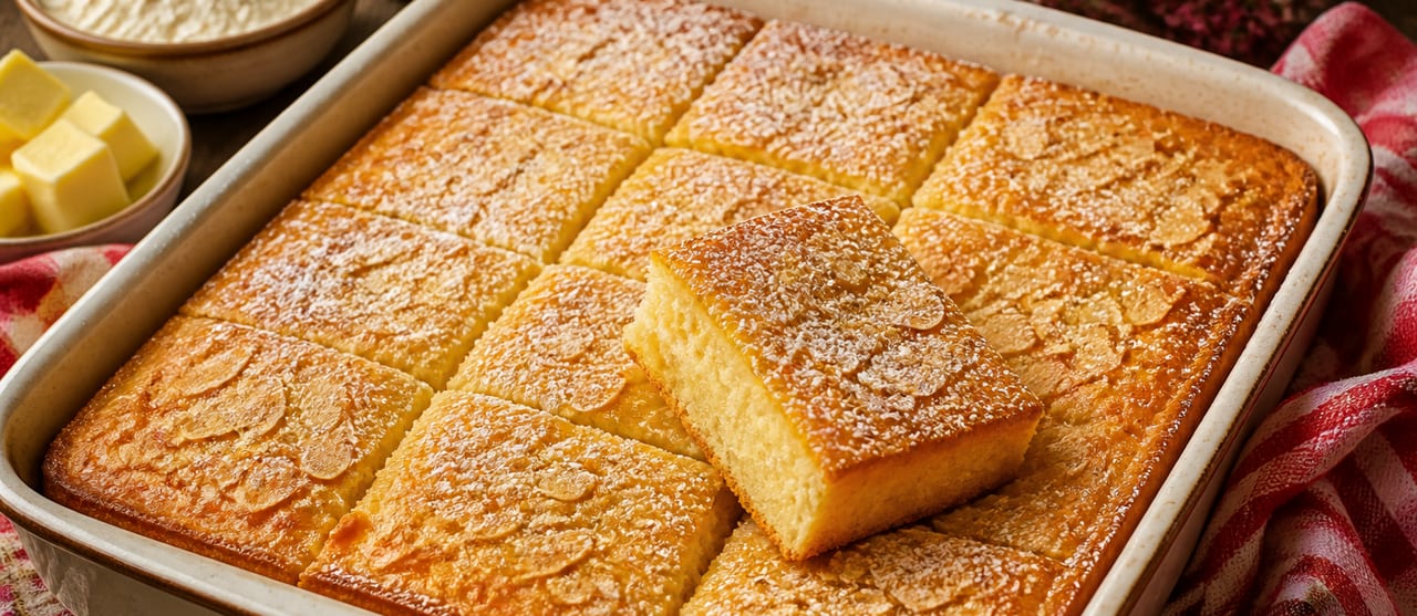Ein Blech Butterkuchen aus Hefeteig mit knuspriger Zuckerkruste und Mandelblättchen, in Quadrate geschnitten, ein Stück leicht herausgehoben (mit AI erstelltes Bild)