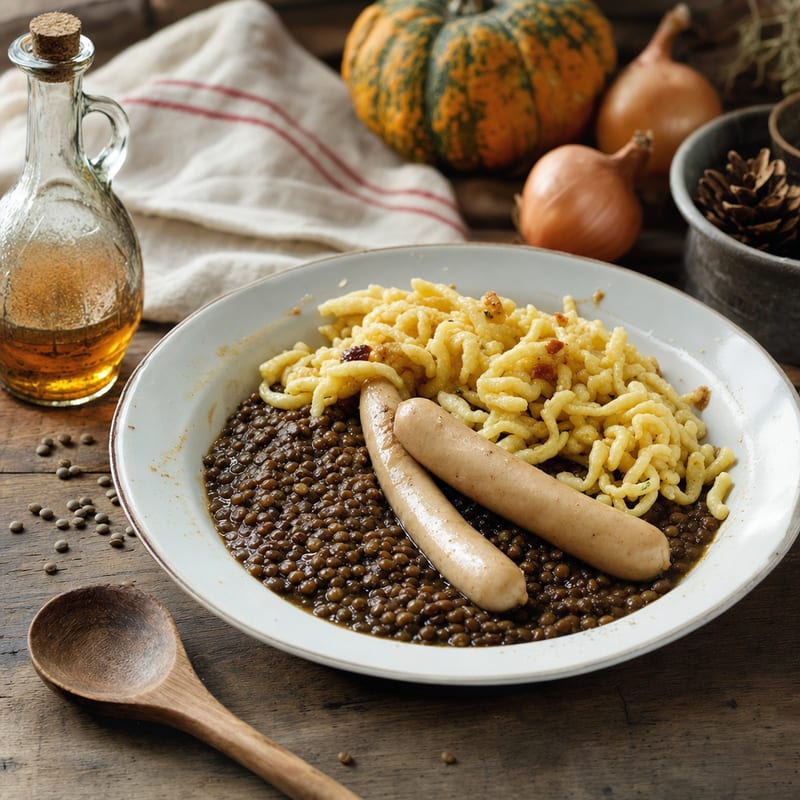 Linsen mit Spätzle, angerichtet und von der Seite belichtet; im Hintergrund Wasser und Karotte (mit AI erstelltes Bild)